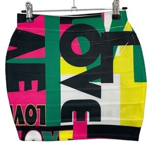 San Julian Bandage Mini Skirt Womens M Pink Green Love Tight Painted Design NWOT